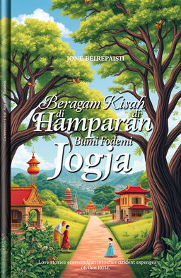 A captivating book cover design for 'Beragam Kisah di Hamparan Bumi Jogja', featuring a vibrant and picturesque landscape of Yogyakarta with ancient trees providing shade and a romantic atmosphere