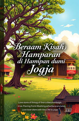 A captivating book cover design for 'Beragam Kisah di Hamparan Bumi Jogja', featuring a vibrant and picturesque landscape of Yogyakarta with ancient trees providing shade and a romantic atmosphere