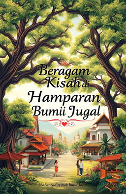 A captivating book cover design for 'Beragam Kisah di Hamparan Bumi Jogja', featuring a vibrant and picturesque landscape of Yogyakarta with ancient trees providing shade and a romantic atmosphere