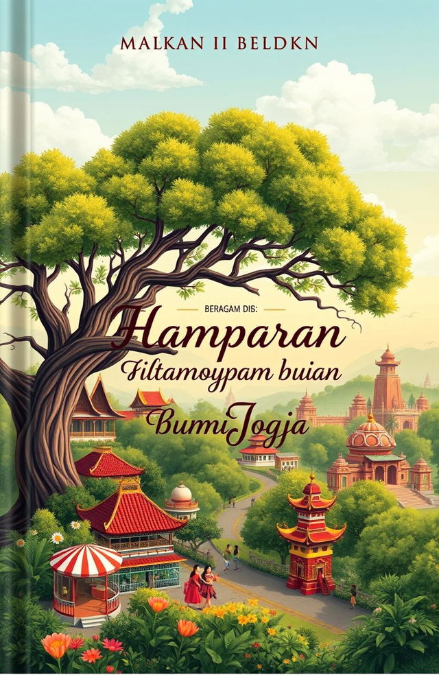 A captivating book cover design for 'Beragam Kisah di Hamparan Bumi Jogja', featuring a vibrant and picturesque landscape of Yogyakarta with ancient trees providing shade and a romantic atmosphere