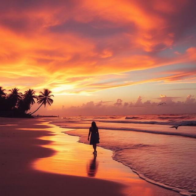 A stunning sunset over a serene beach, with vibrant orange, pink, and purple hues in the sky, reflecting on the gentle waves of the ocean