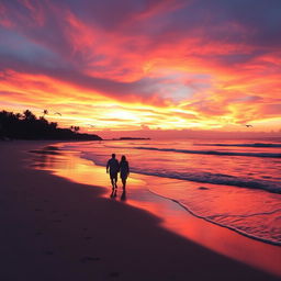 A stunning sunset over a serene beach, with vibrant orange, pink, and purple hues in the sky, reflecting on the gentle waves of the ocean