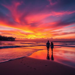 A stunning sunset over a serene beach, with vibrant orange, pink, and purple hues in the sky, reflecting on the gentle waves of the ocean