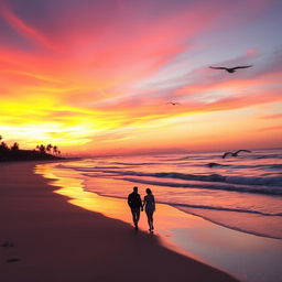 A stunning sunset over a serene beach, with vibrant orange, pink, and purple hues in the sky, reflecting on the gentle waves of the ocean