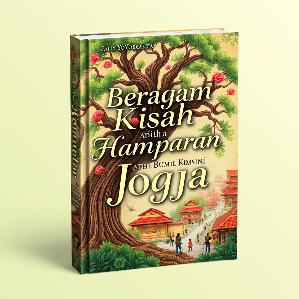 A stunning book cover design for 'Beragam Kisah di Hamparan Bumi Jogja', depicting the rich history, culture, and stories of Yogyakarta