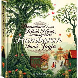 A stunning book cover design for 'Beragam Kisah di Hamparan Bumi Jogja', depicting the rich history, culture, and stories of Yogyakarta