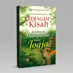 A stunning book cover design for 'Beragam Kisah di Hamparan Bumi Jogja', depicting the rich history, culture, and stories of Yogyakarta