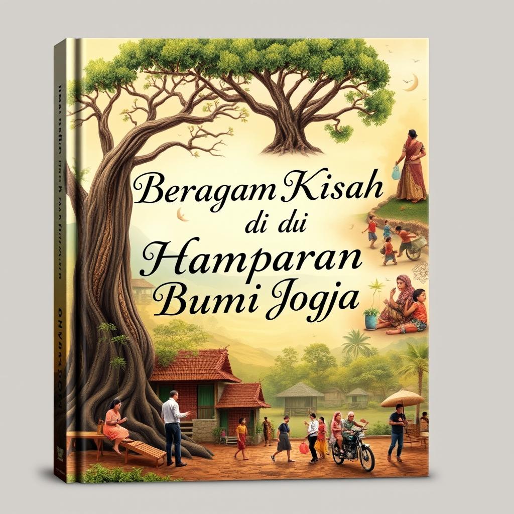 An enchanting book cover design for 'Beragam Kisah di Hamparan Bumi Jogja', showcasing the lush landscapes of Yogyakarta filled with historical richness and cultural depth