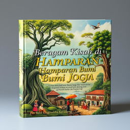 An enchanting book cover design for 'Beragam Kisah di Hamparan Bumi Jogja', showcasing the lush landscapes of Yogyakarta filled with historical richness and cultural depth