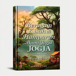 An enchanting book cover design for 'Beragam Kisah di Hamparan Bumi Jogja', showcasing the lush landscapes of Yogyakarta filled with historical richness and cultural depth