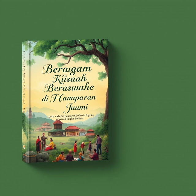 An enchanting book cover design for 'Beragam Kisah di Hamparan Bumi Jogja', showcasing the lush landscapes of Yogyakarta filled with historical richness and cultural depth