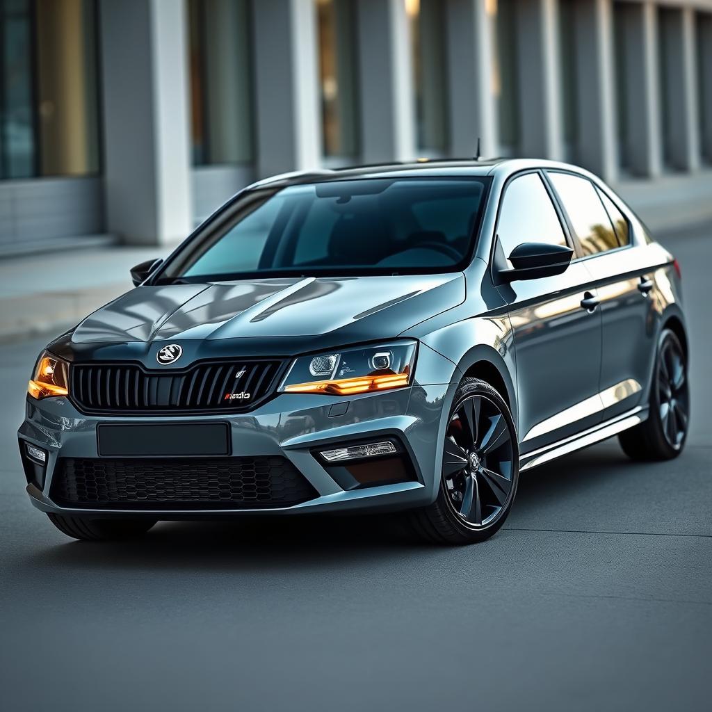 A stunning gray Nardo Skoda Scala with black mirrors and a black roof