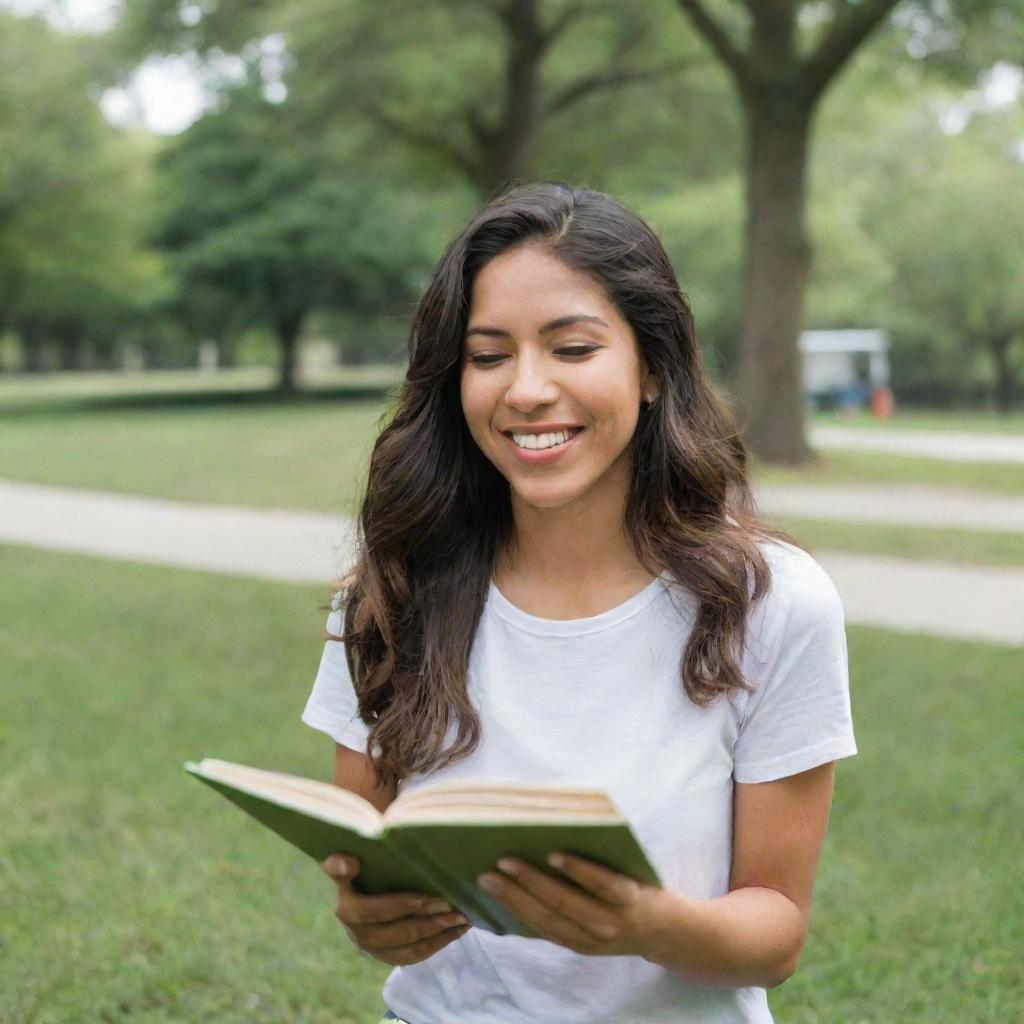 A series of portraits featuring a beautiful Latina woman engaged in various activities like reading, running in a park, cooking, and laughing with friends.