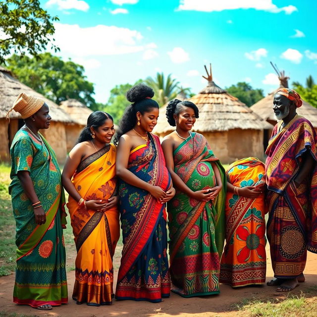 A line of pregnant Indian women beautifully dressed in colorful sarees, showcasing intricate patterns and designs that reflect their culture