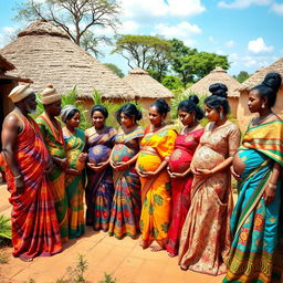 A line of pregnant Indian women beautifully dressed in colorful sarees, showcasing intricate patterns and designs that reflect their culture