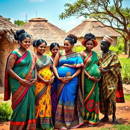 A line of pregnant Indian women beautifully dressed in colorful sarees, showcasing intricate patterns and designs that reflect their culture