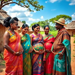 A line of pregnant Indian women beautifully dressed in colorful sarees, showcasing intricate patterns and designs that reflect their culture