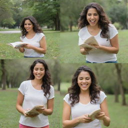 A series of portraits featuring a beautiful Latina woman engaged in various activities like reading, running in a park, cooking, and laughing with friends.