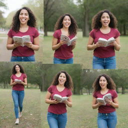 A series of portraits featuring a beautiful Latina woman engaged in various activities like reading, running in a park, cooking, and laughing with friends.