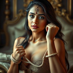 An elegant Indian beauty with fair skin and a decorative bindi on her forehead