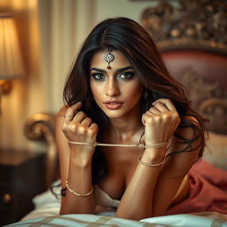 An elegant Indian beauty with fair skin and a decorative bindi on her forehead