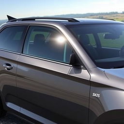 A Skoda Scala station wagon with tinted windows, featuring a sleek Nardo grey color