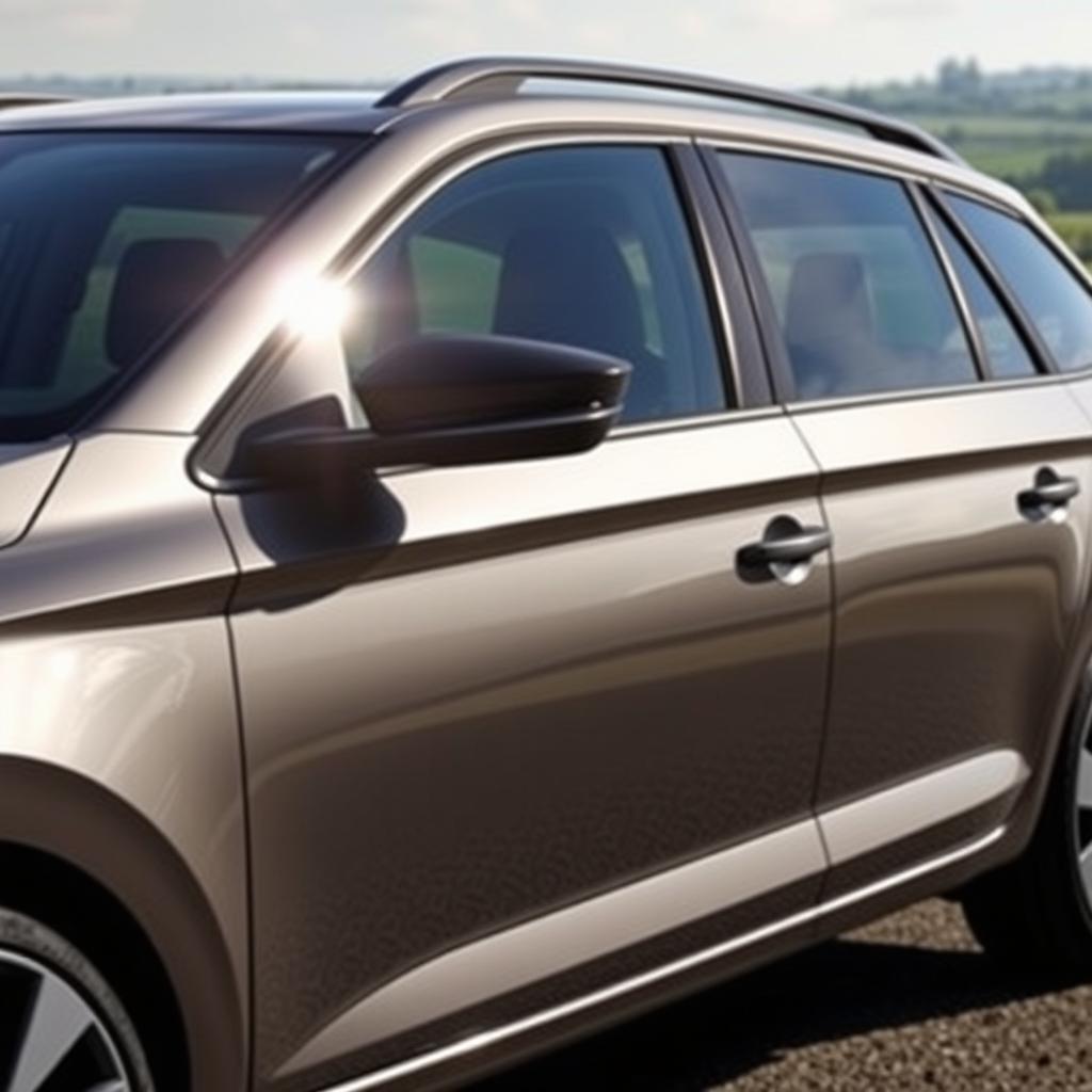 A Skoda Scala station wagon with tinted windows, featuring a sleek Nardo grey color