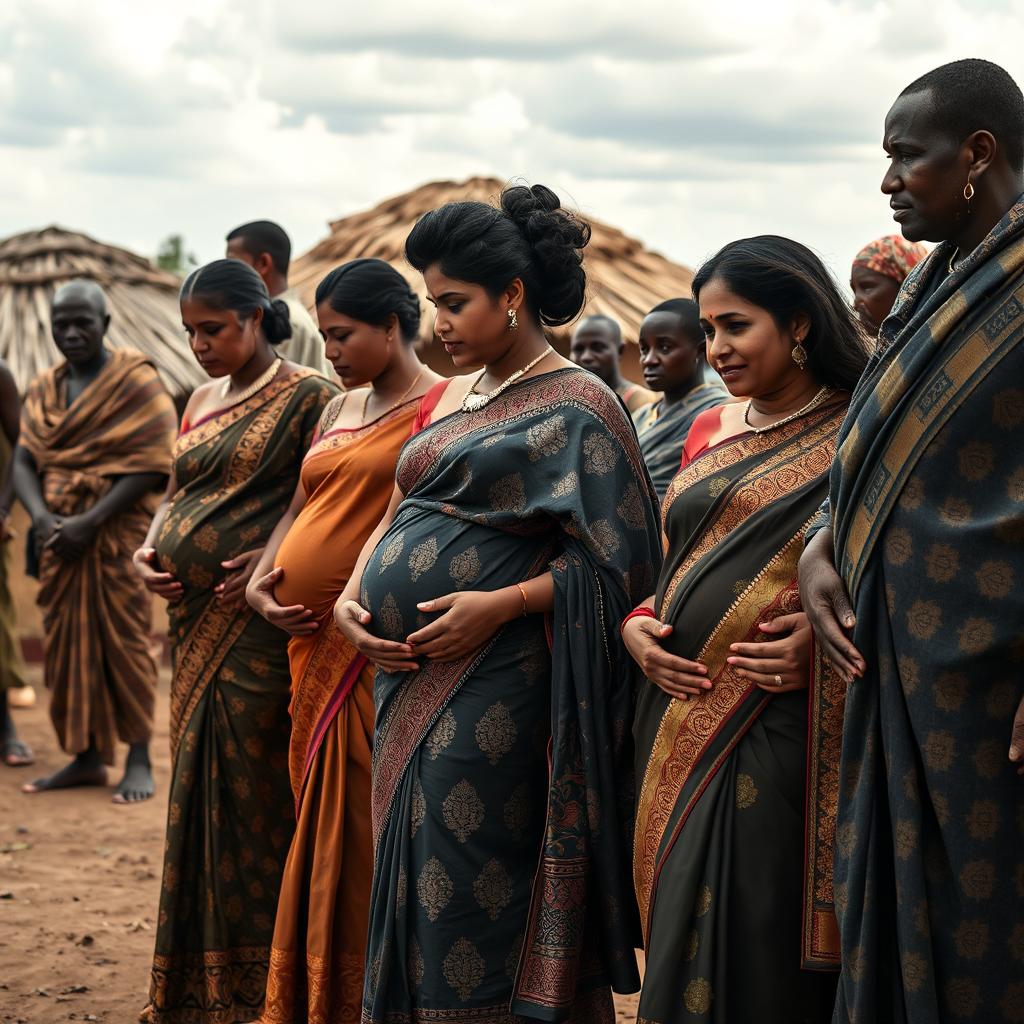 A line of pregnant Indian women dressed in elegant sarees, adorned with intricate designs and deeper, muted colors that evoke a sense of richness and cultural heritage