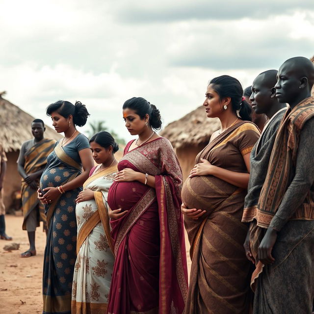 A line of pregnant Indian women dressed in elegant sarees, adorned with intricate designs and deeper, muted colors that evoke a sense of richness and cultural heritage