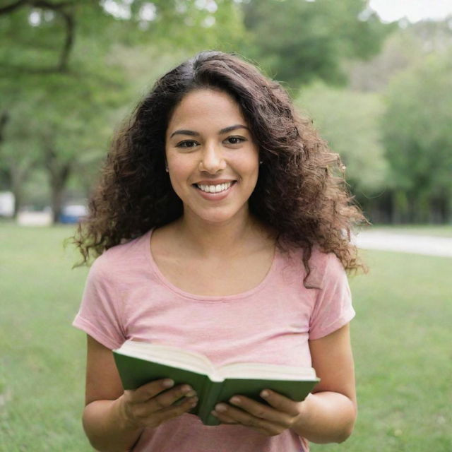 A series of portraits featuring a beautiful Latina woman engaged in various activities like reading, running in a park, cooking, and laughing with friends.