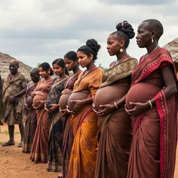 A line of pregnant Indian women dressed in elegant sarees, adorned with intricate designs and deeper, muted colors that evoke a sense of richness and cultural heritage