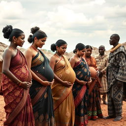 A line of pregnant Indian women dressed in elegant sarees, adorned with intricate designs and deeper, muted colors that evoke a sense of richness and cultural heritage