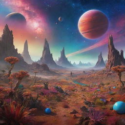 An alien planet teeming with unprecedented exotic creatures, flourishing in unique landscapes under a colorful alien sky.