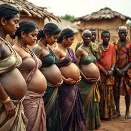 A line of pregnant Indian women dressed in elegant sarees, with their exposed stomachs showcasing intricate snake tattoos