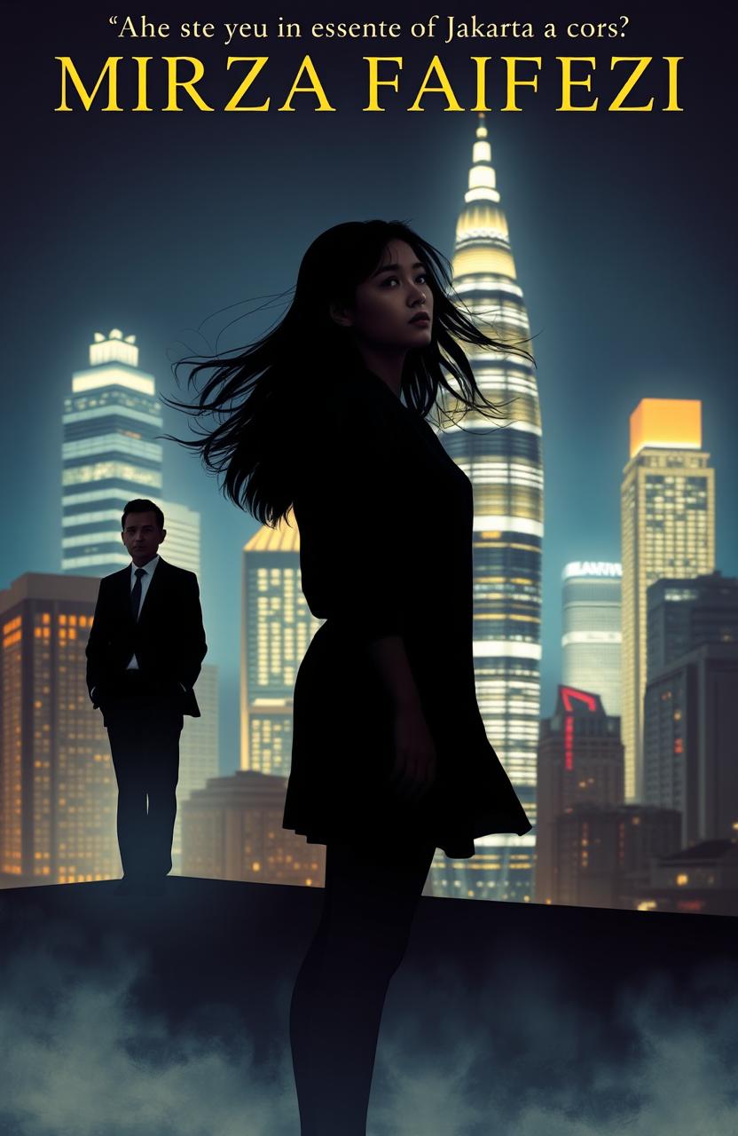 A novel cover featuring the silhouette of a young woman standing against the dazzling cityscape of Jakarta