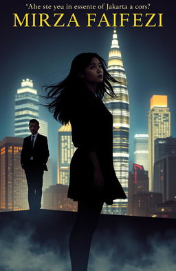 A novel cover featuring the silhouette of a young woman standing against the dazzling cityscape of Jakarta