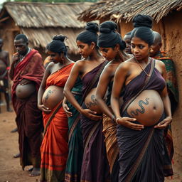 A line of pregnant Indian women dressed in elegant sarees, with their exposed stomachs showcasing intricate snake tattoos