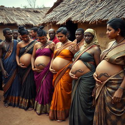 A line of pregnant Indian women dressed in elegant sarees, with their exposed stomachs showcasing intricate snake tattoos