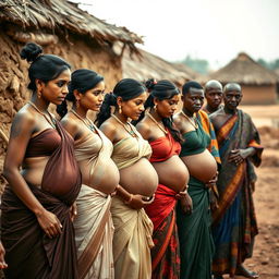 A line of pregnant Indian women dressed in elegant sarees, with their exposed stomachs showcasing intricate snake tattoos