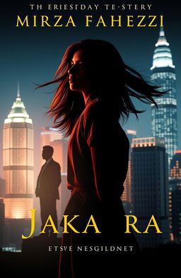 A novel cover featuring the silhouette of a young woman standing against the dazzling cityscape of Jakarta