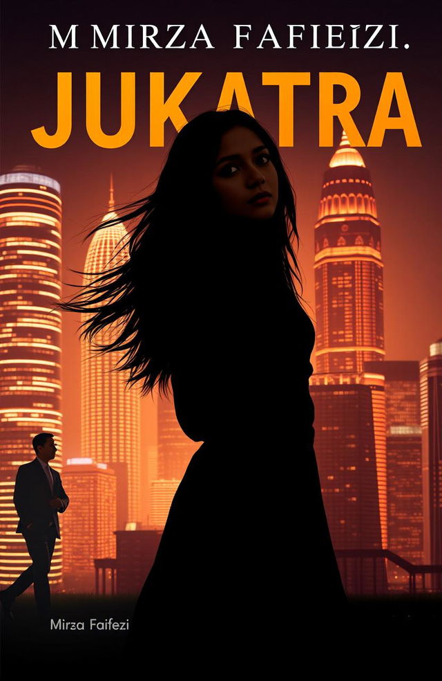 A novel cover featuring the silhouette of a young woman standing against a dazzling cityscape of Jakarta at night, dominated by glowing skyscrapers that create a dramatic contrast with her figure