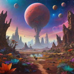 An alien planet teeming with unprecedented exotic creatures, flourishing in unique landscapes under a colorful alien sky.