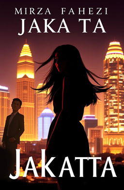 A novel cover featuring the silhouette of a young woman standing against a dazzling cityscape of Jakarta at night, dominated by glowing skyscrapers that create a dramatic contrast with her figure