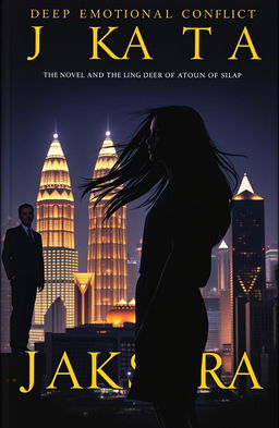 A novel cover featuring the silhouette of a young woman standing against a dazzling cityscape of Jakarta at night, dominated by glowing skyscrapers that create a dramatic contrast with her figure