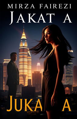 A novel cover featuring the silhouette of a young woman standing against a dazzling cityscape of Jakarta at night, dominated by glowing skyscrapers that create a dramatic contrast with her figure