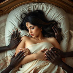 An elegant Indian beauty with fair skin, adorned with a traditional bindi on her forehead, is peacefully sleeping on a luxurious bed