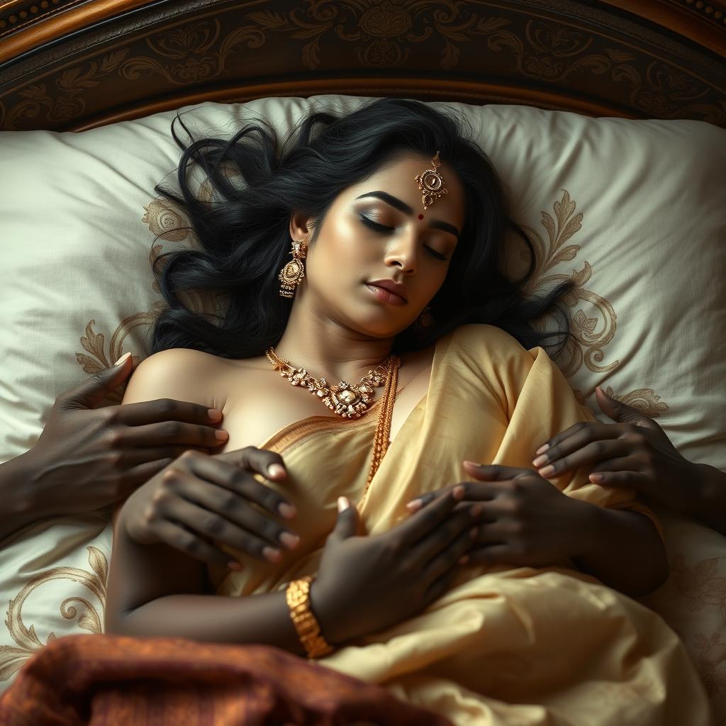 An elegant Indian beauty with fair skin, adorned with a traditional bindi on her forehead, is peacefully sleeping on a luxurious bed