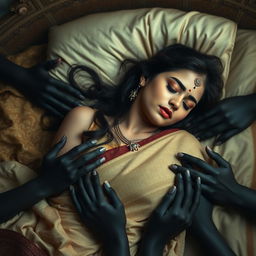 An elegant Indian beauty with fair skin, adorned with a traditional bindi on her forehead, is peacefully sleeping on a luxurious bed