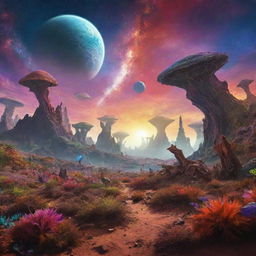 An alien planet teeming with unprecedented exotic creatures, flourishing in unique landscapes under a colorful alien sky.