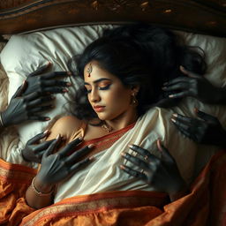 An elegant Indian beauty with fair skin, adorned with a traditional bindi on her forehead, is peacefully sleeping on a luxurious bed